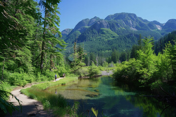 Mountain River Path Through Lush Green Forest