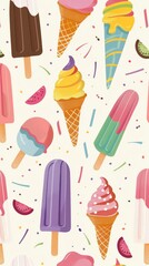 Illustration background for a summer concept. The pattern showcases various ice cream cones and popsicles in pastel colors
