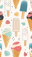 Illustration background for a summer concept. The pattern showcases various ice cream cones and popsicles in pastel colors