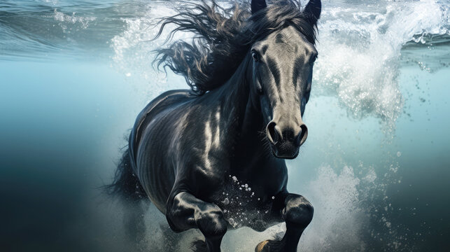 generated illustration of black horse  horse swimming underwater view