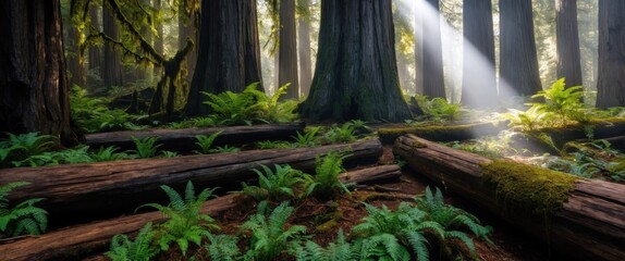 A serene forest scene featuring towering trees and ferns, illuminated by soft sunlight, perfect for nature walks and relaxation.
