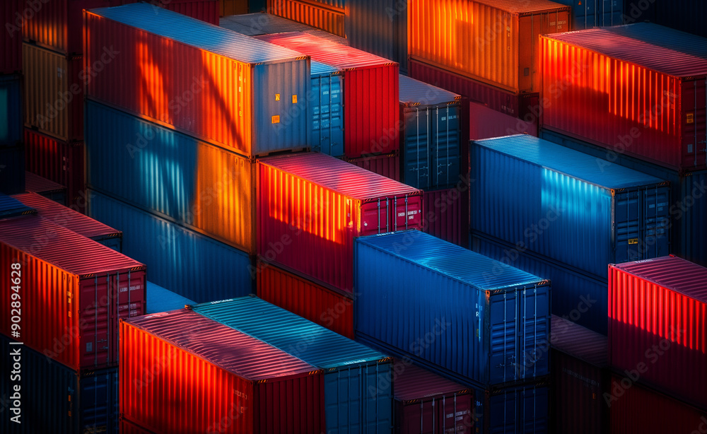 Poster aerial view of a shipping container yard with stacks of colorful containers arranged in an organized