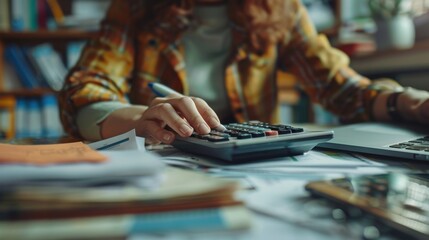 Fototapeta premium Close up of an accountants hands using a calculator