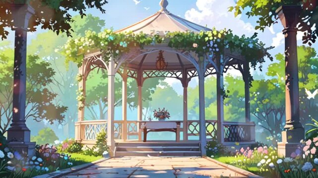 The white gazebo building is decorated with flower arrangements on each pillar. Gazebo in the middle of a flower garden. Seamless 4K looping timelapse video animation generated AI