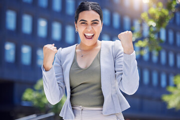 Winning, happy and portrait of businesswoman in city for job promotion, achievement or opportunity. Excited, fist pump and female attorney general from Brazil with pride for career growth in town.