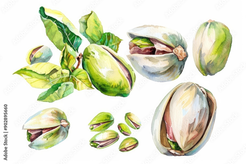 Sticker Hand-Painted Pistachio Oil Set. Illustration of Salted Pistachio Nuts, a Healthy and Delicious Snack