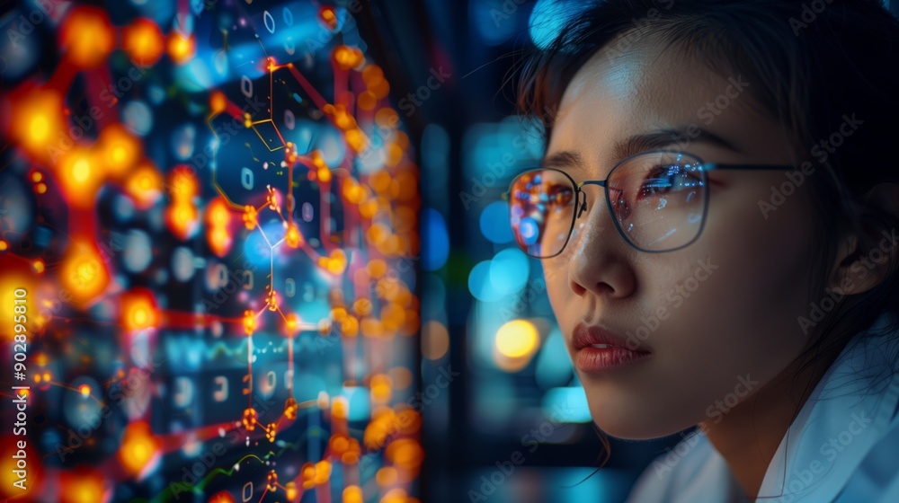 Poster a woman in glasses intently examines a screen displaying digital data, focusing on the complex patte