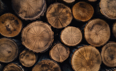 Stacked tree logs with visible annual rings.