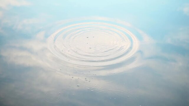 A thrown stone crashes into the water, creating waves and rings on the calm and smooth water surface.