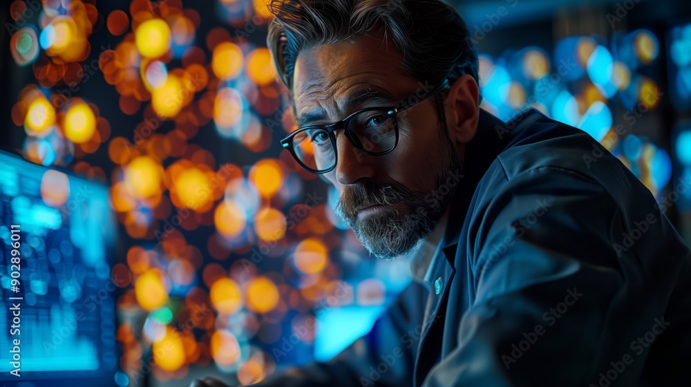 Poster a man works on a computer in a dimly lit room with a blurred background of bright lights. he is look