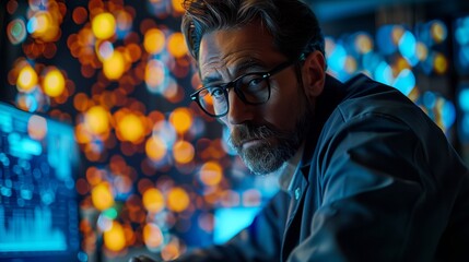A man works on a computer in a dimly lit room with a blurred background of bright lights. He is looking at the screen with a focused expression.