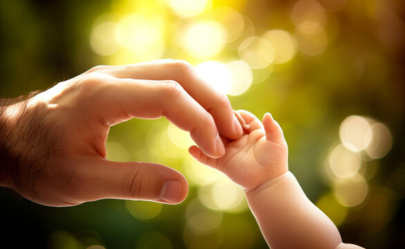 Adult and baby hands touching gently with soft background light.