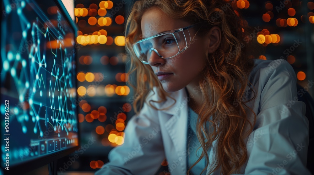 Poster a woman in a lab coat and safety glasses looks intently at a computer screen displaying a network gr