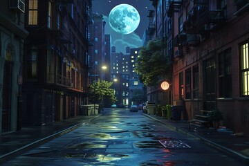 artwork of a city street at night featuring a full moon, Generative AI.