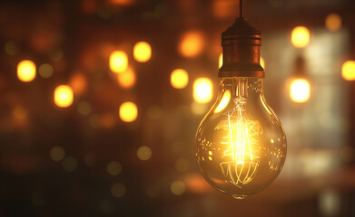 Close-up of a vintage light bulb glowing in the dark.