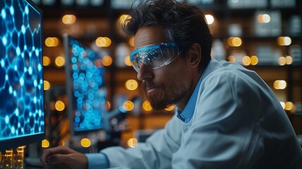 Fototapeta premium A scientist with a beard wearing a lab coat and safety glasses focuses on a computer screen with a blue graphic display.