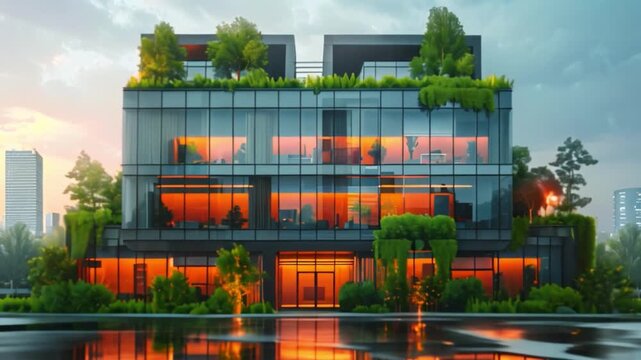 This contemporary building with greenery reflects vibrant sunset colors on water.