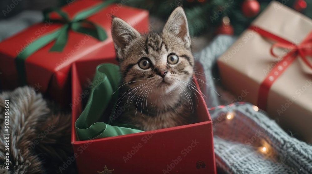 Sticker Christmas Concept Small Cat in Red Box with Green Ribbon