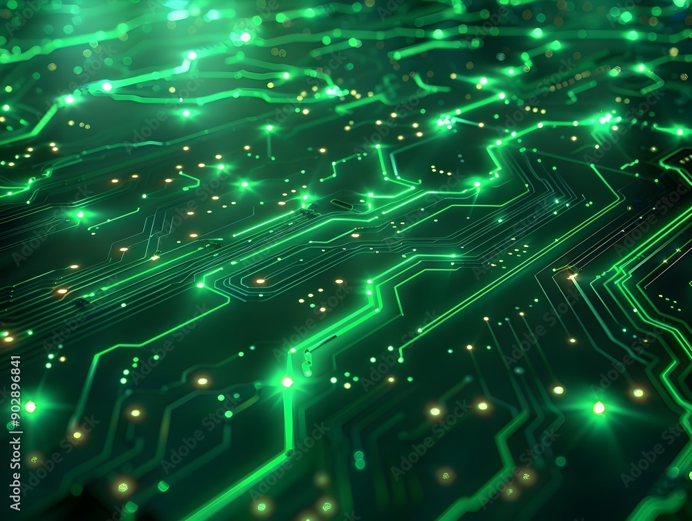 Poster neon green digital circuit patterns on abstract futuristic tech background
