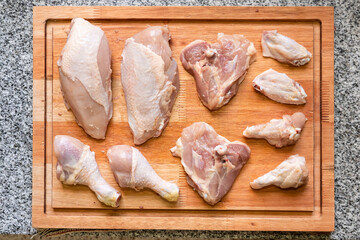 Top view of Raw chicken cuts on a wooden board