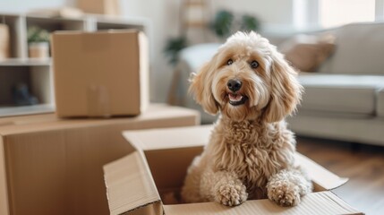 cute dog inside a box in a house during a move