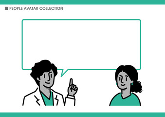 人物と吹き出し。説明する男性。