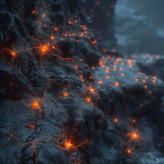 Close-up of glowing neurons on a dark background, the concept of neuronal connections in the brain