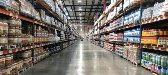 Fototapeta premium Warehouse retail industry aisle. Grocery goods market industry. Generative AI technology. 