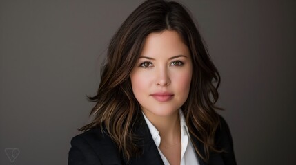 Obraz premium 16:9 Headshot Portrait: Confident Businesswoman in black suit Exuding Leadership and Success. Elegant Corporate Executive Poses Against Neutral Background. Expertise for Business, Marketing. Branding.