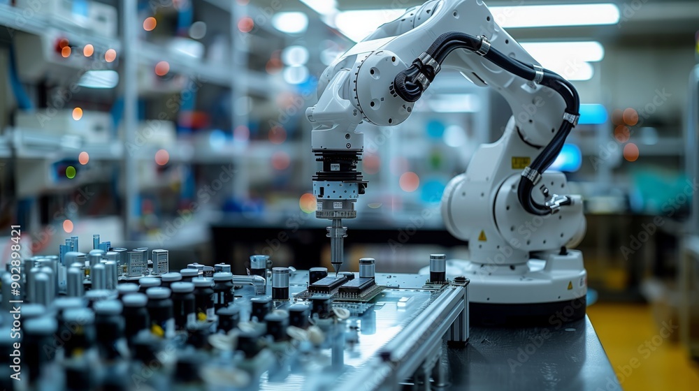 Poster in a modern factory, a robotic arm delicately adds a component to a circuit board during automated a