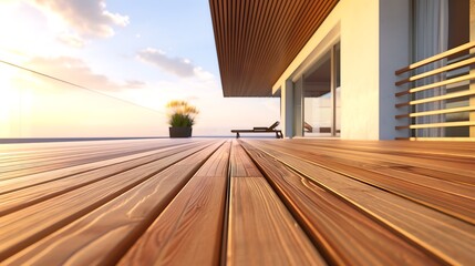 Ipe hardwood decking observed from a low perspective in a contemporary house design with a wooden patio backyard