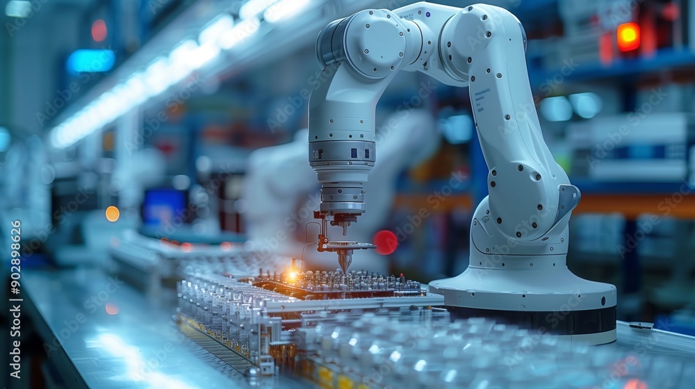 Poster a robotic arm is working on an assembly line in a factory, picking up a small part and placing it on