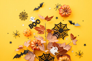Top view of a festive Halloween arrangement including pumpkins, ghosts, spiders, and leaves on a...