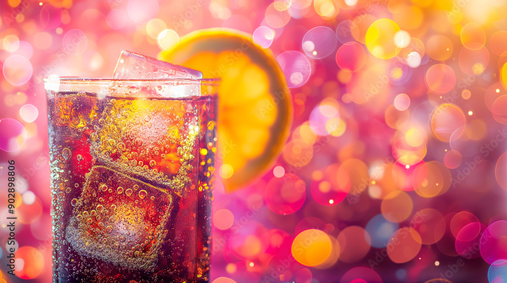 Poster refreshing drink with ice and lemon slice against a colorful bokeh background.