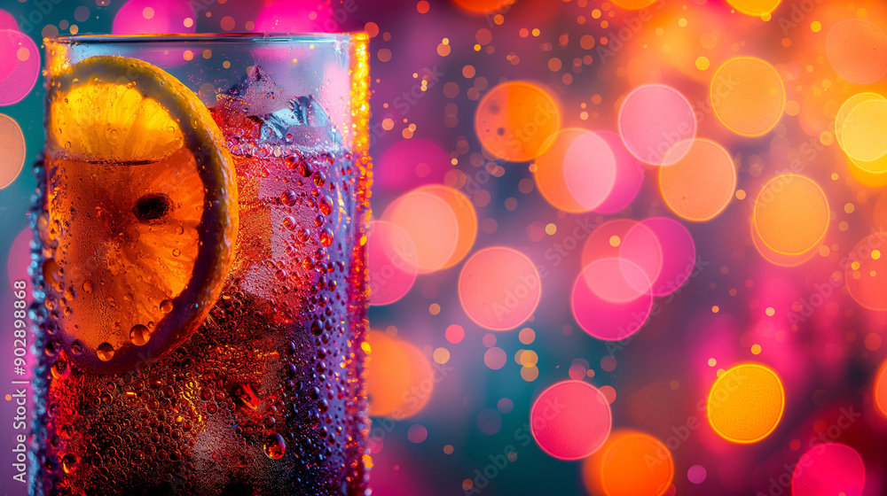 Poster refreshing drink with ice and lemon slice against a colorful bokeh background.
