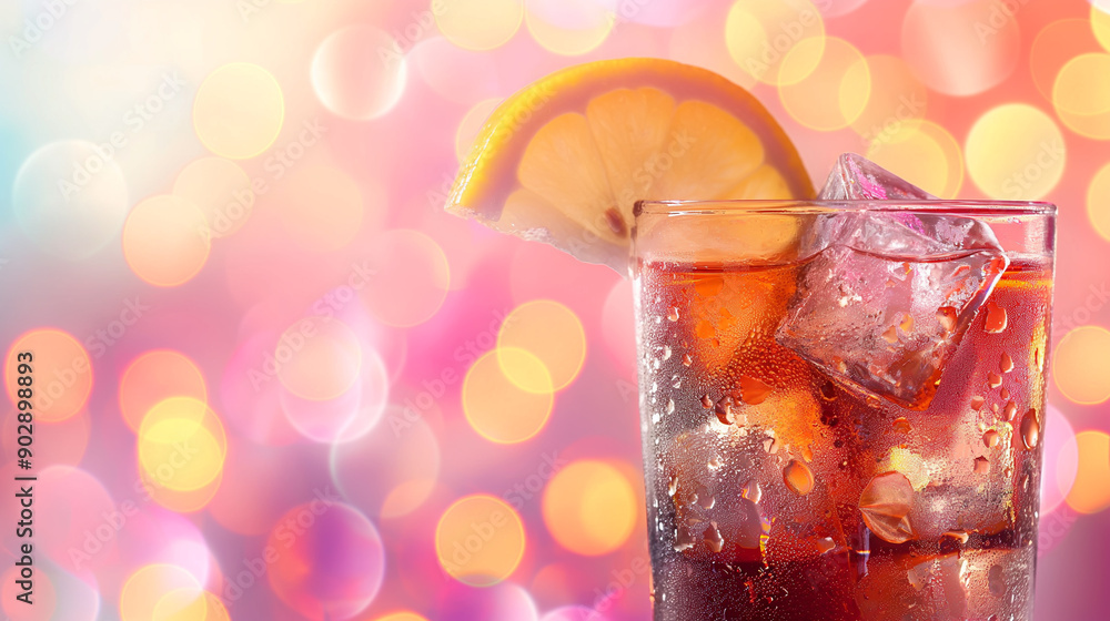 Poster refreshing drink with ice and lemon slice against a colorful bokeh background.