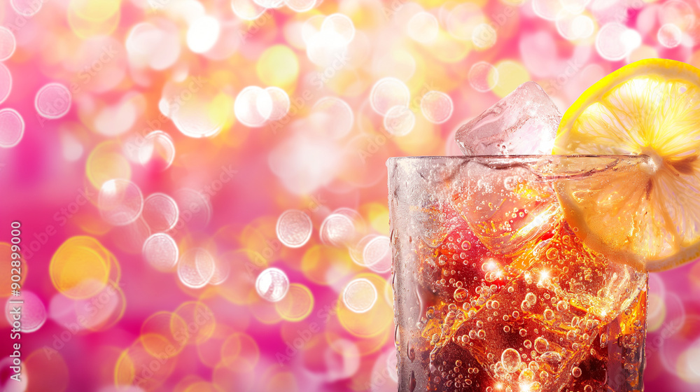 Poster refreshing drink with ice and lemon slice against a colorful bokeh background.
