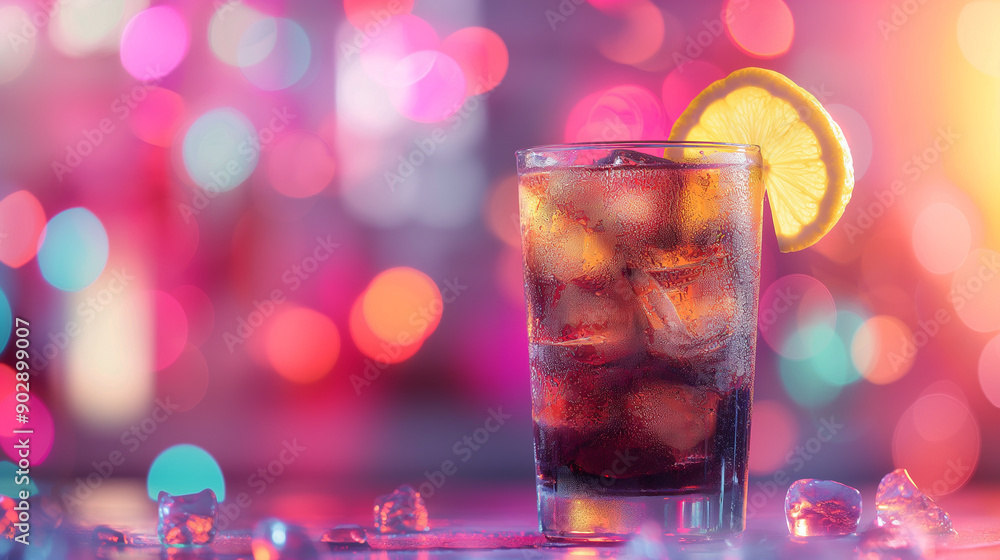 Poster refreshing drink with ice and lemon slice against a colorful bokeh background.