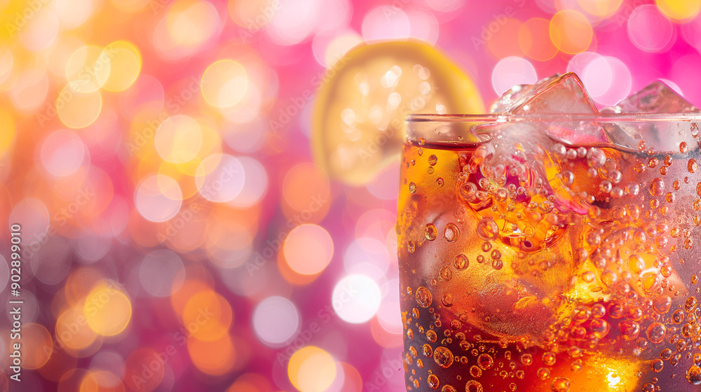 Poster refreshing drink with ice and lemon slice against a colorful bokeh background.