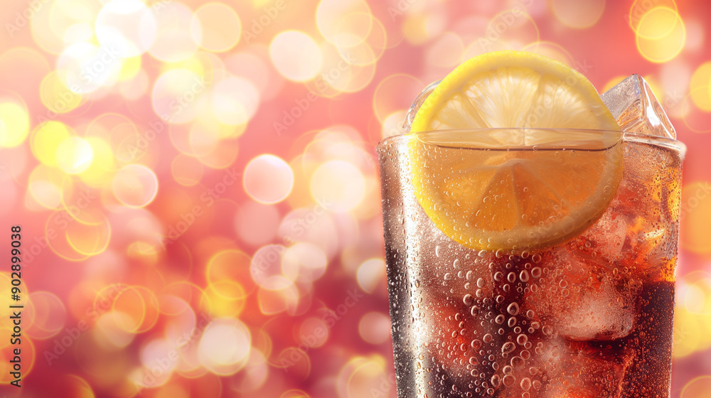 Poster refreshing drink with ice and lemon slice against a colorful bokeh background.