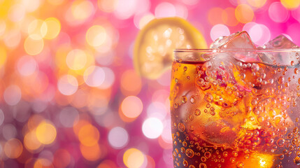 Refreshing drink with ice and lemon slice against a colorful bokeh background.
