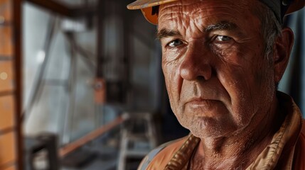 A close-up portrait of a construction worker, showcasing his strength and resilience. He stands on a busy site, his gaze focused intently on the task at hand