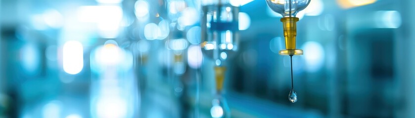 A syringe with a needle is hanging from a bottle. The syringe is dripping a liquid