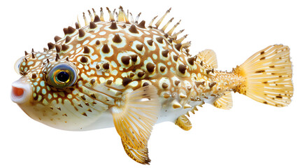Close-up image of a small, spiky pufferfish with intricate patterns and vivid colors isolated on a white background.