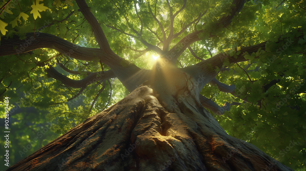 Wall mural Majestic tree viewed from below with sunlight streaming through green leaves.