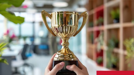 Obraz premium A person is holding a gold trophy in a room with plants and shelves. The trophy is shiny and golden, and the room has a warm and inviting atmosphere
