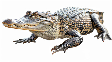 Naklejka premium Close-up image of an American alligator in isolation, showcasing its scaly skin and powerful limbs against a white background.