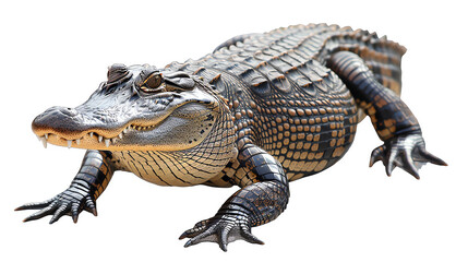 Naklejka premium Close-up image of an alligator isolated on a white background, showcasing its textured skin and powerful limbs.