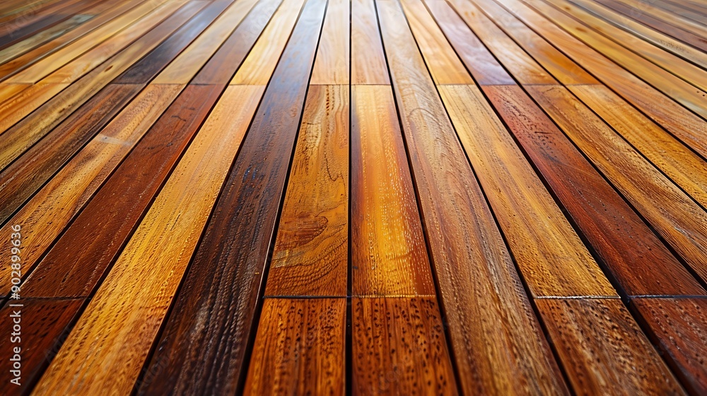 Wall mural Ipe hardwood decking observed from a low perspective in a contemporary house design with a wooden patio backyard