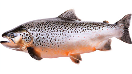 Obraz premium Close-up of a fresh, speckled trout fish against a white background, showcasing its distinctive markings and streamlined body.